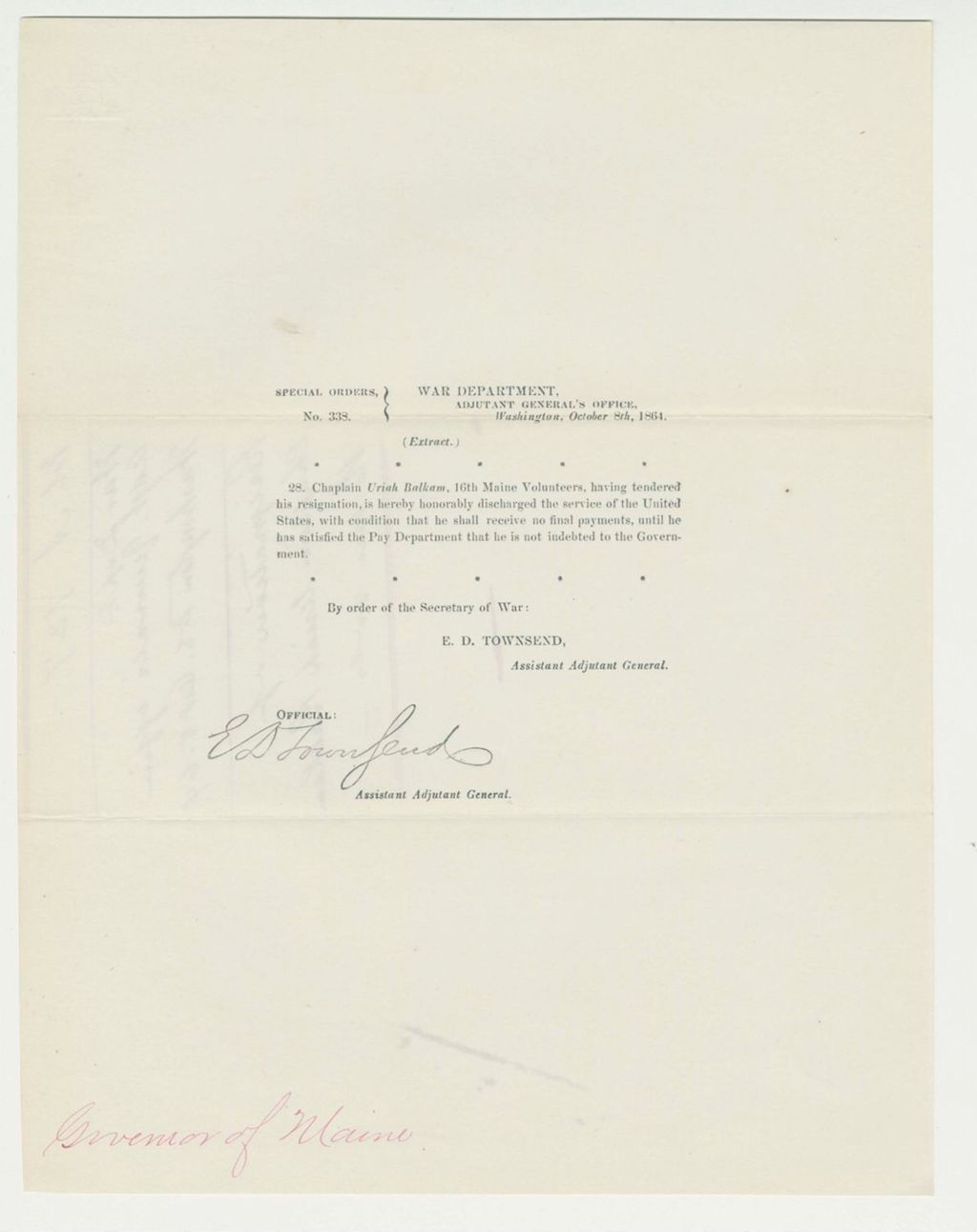 Miniature of Special Order 338 honorably discharging Chaplain Uriah Balkam