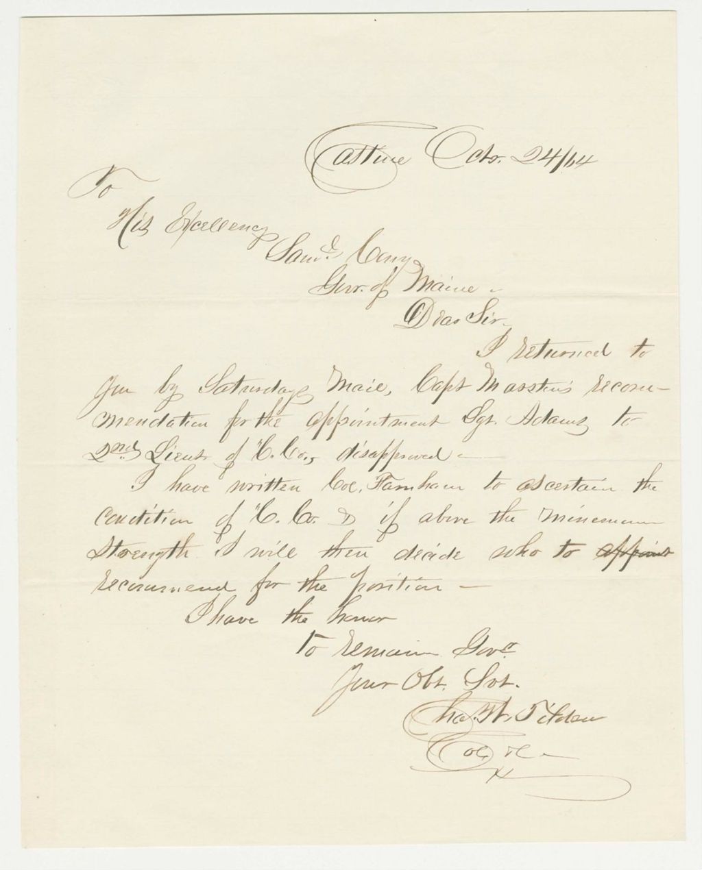 Miniature of Colonel Tilden writes Governor Cony rejecting the promotion of Sergeant Adams