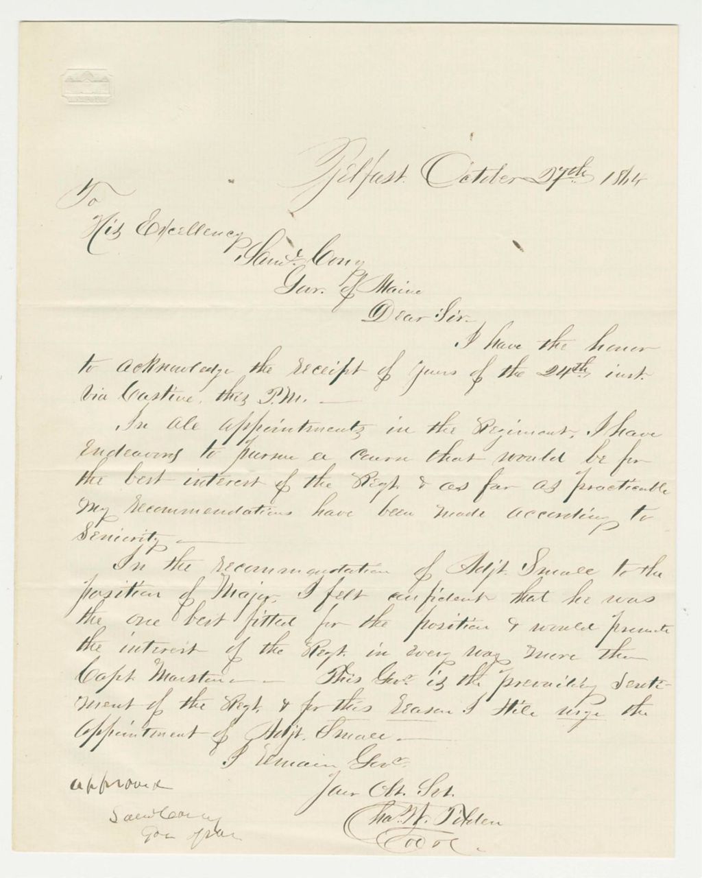 Miniature of Colonel Tilden urges the appointment of Adjutant Small