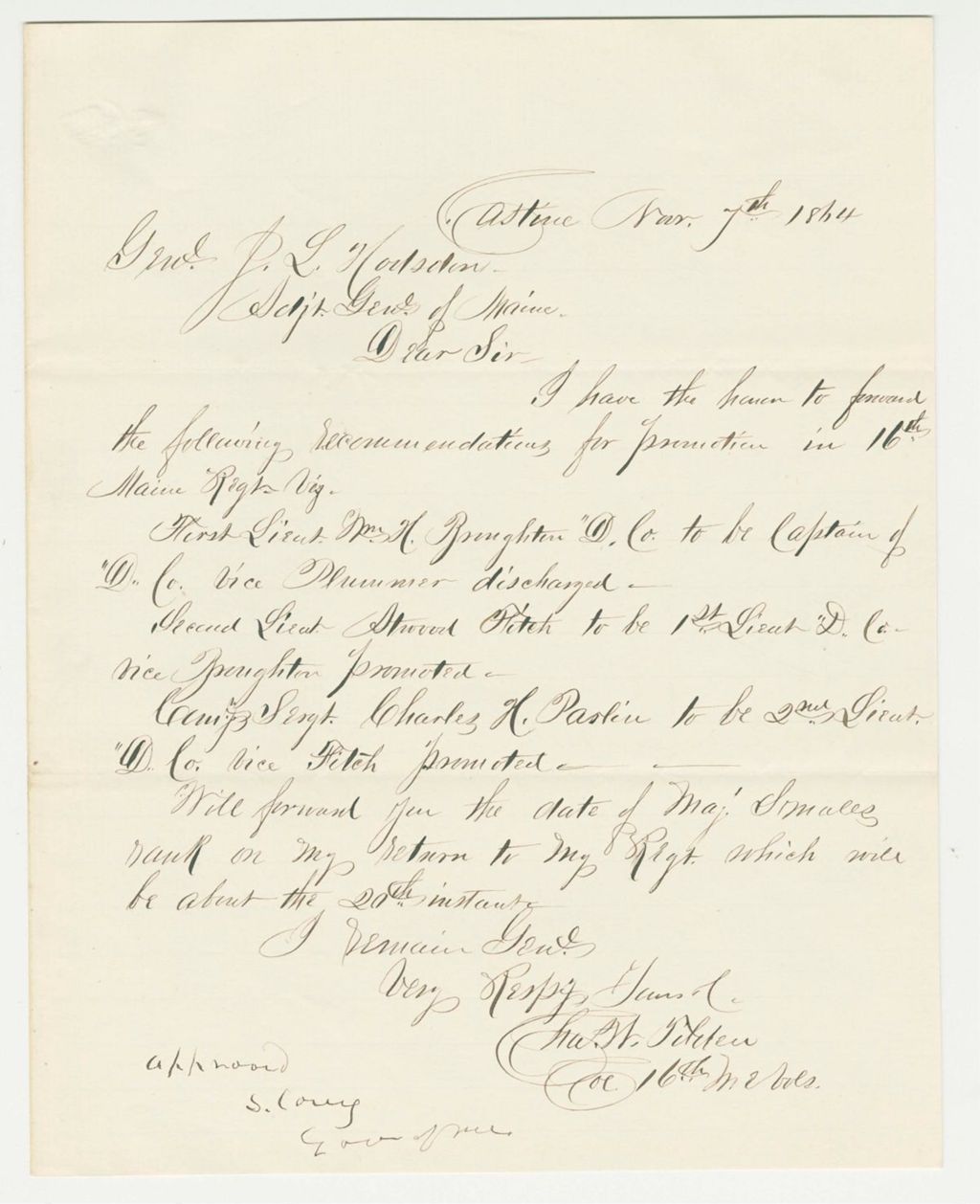 Miniature of Colonel Tilden recommends Broughton, Fitch, and Pastin for promotion