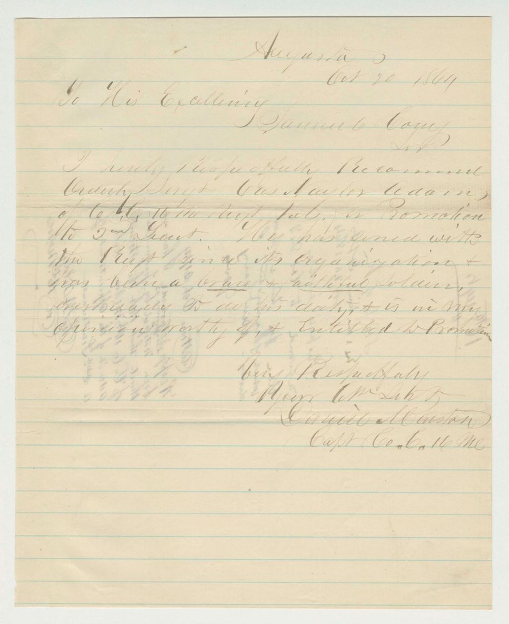 Miniature of Captain Daniel Marston recommends Orderly Sergeant Charles Naylor Adams for promotion