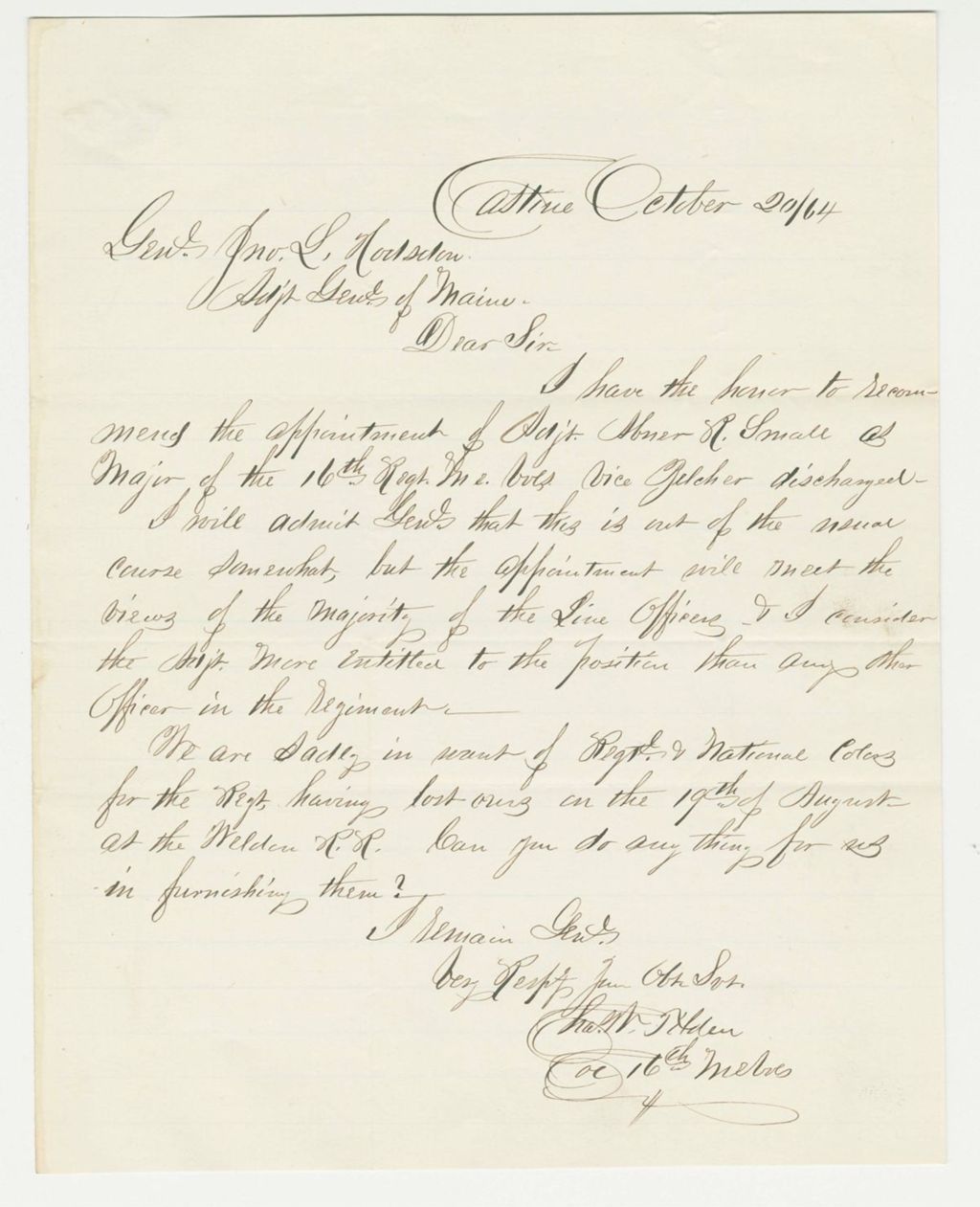 Miniature of Colonel Tilden recommends appointment of Adjutant Abner R. Small as Major