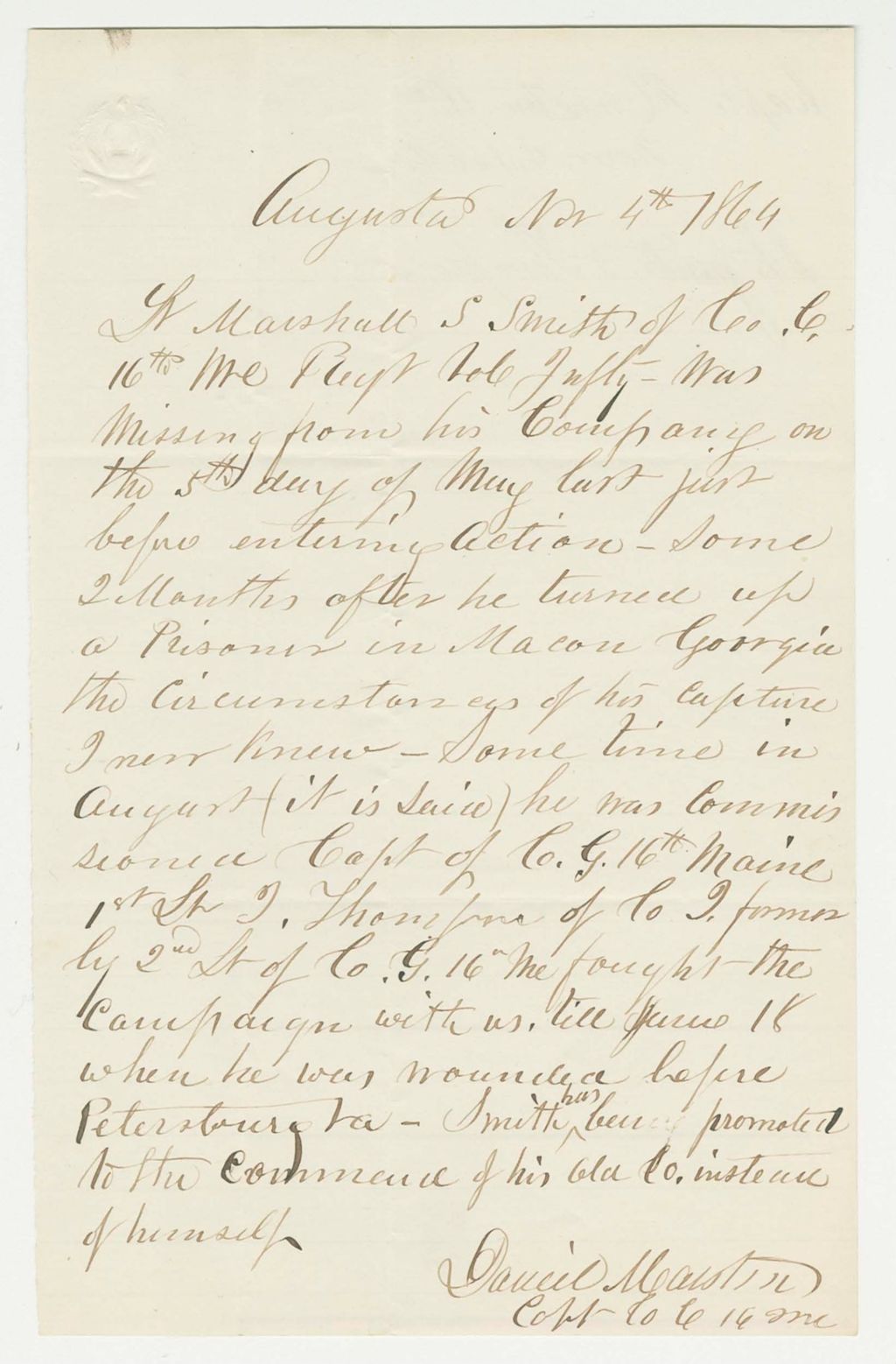 Miniature of Captain Marston writes regarding the promotion of Lt. Marshall Smith over Lt. Thompson