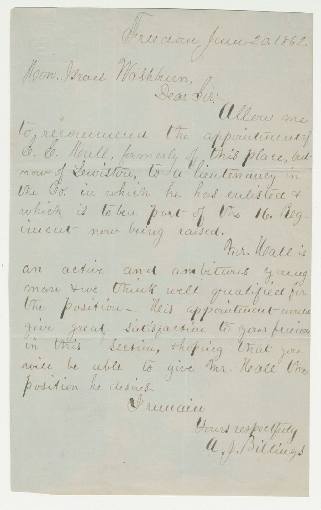 Miniature of A.J. Billings recommends E. Hall of Lewiston for position as Lieutenant
