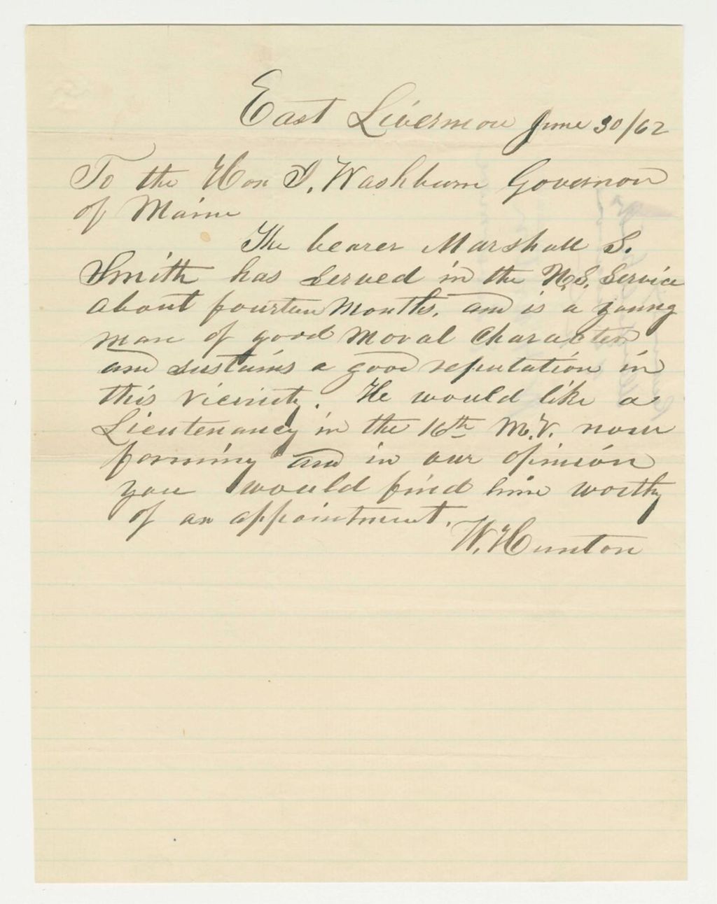 Miniature of W. Hunton recommends Marshall S. Smith for Lieutenant