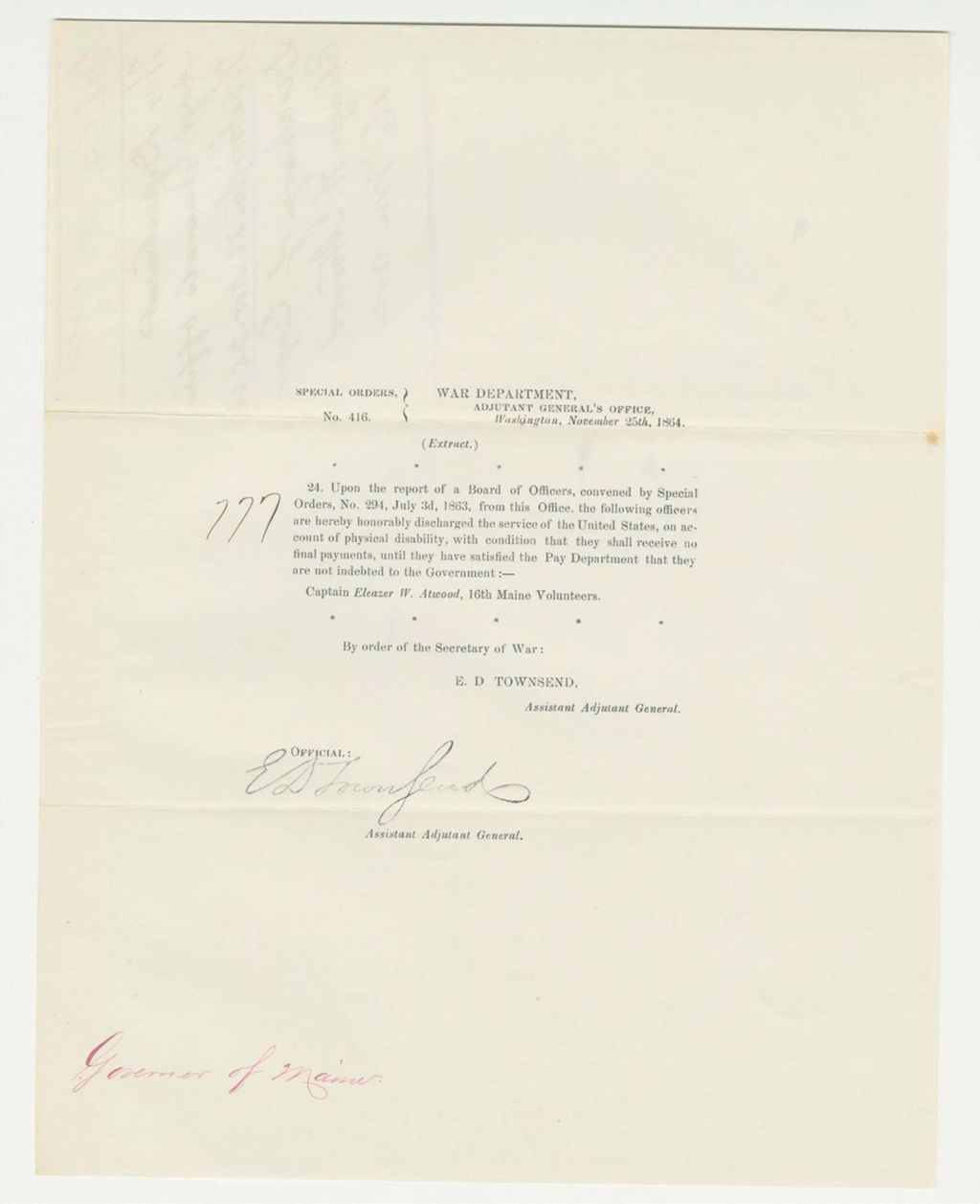 Miniature of Special Order 416 honorably discharging Captain Eleazer W. Atwood from service