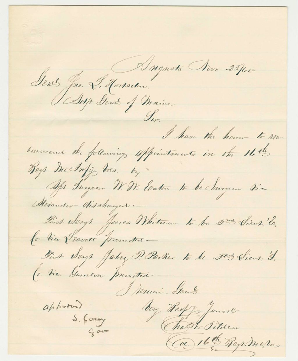 Miniature of Colonel Tilden recommends appointments of Dr. Eaton, Sergeant Whitman, and Sergeant Jabez Parker
