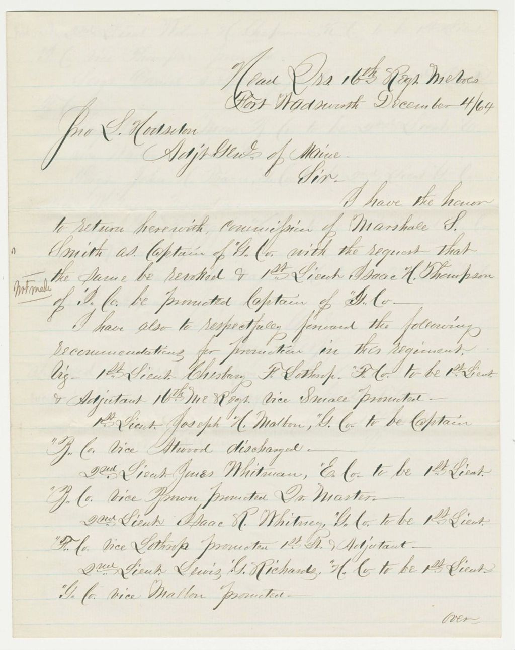 Miniature of Colonel Tilden recommends several promotions