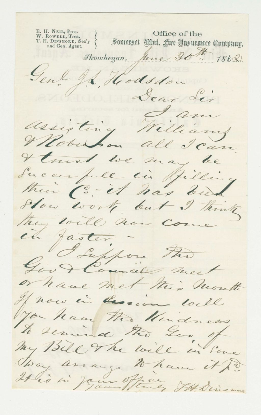 Miniature of T.H. Dinsmore writes General Hodsdon regarding recruitments