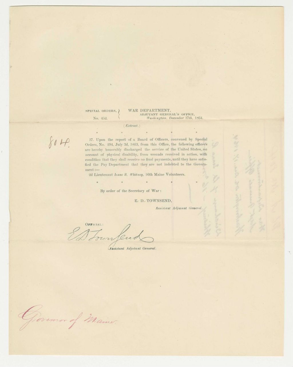 Miniature of Special Order 452 honorably discharging Lieutenant Isaac R. Whitney from service