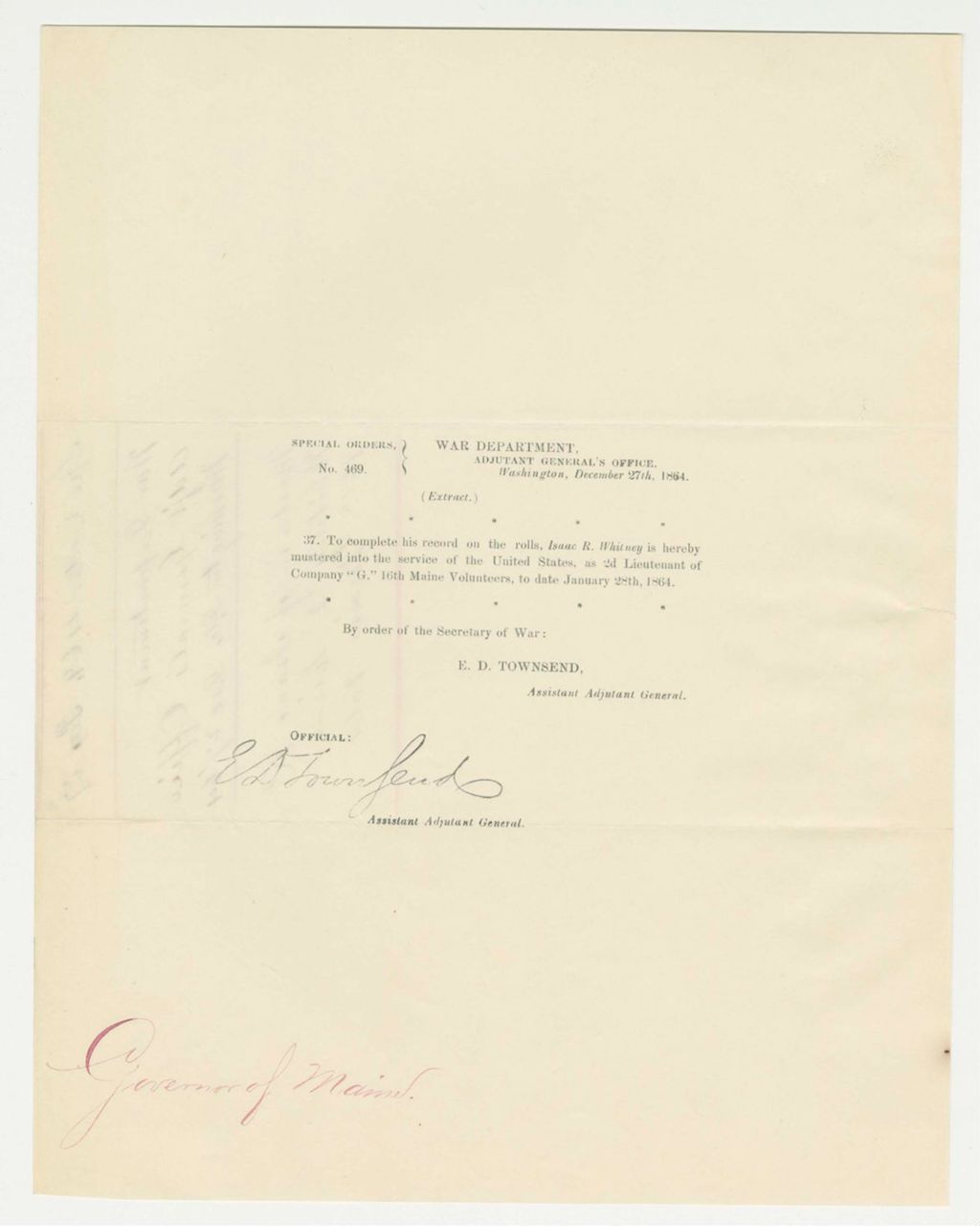 Miniature of Special Order 469 mustering in Isaac R. Whitney as 2nd Lieutenant