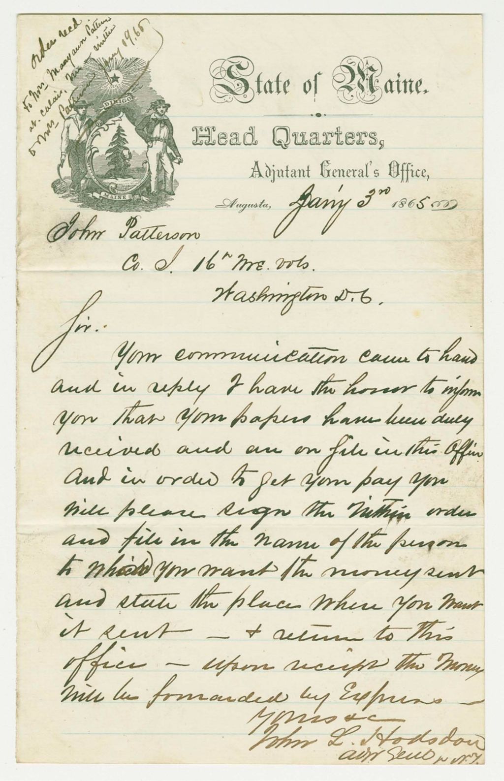 Miniature of John Hodsdon writes John Patterson of Company I regarding payment due him