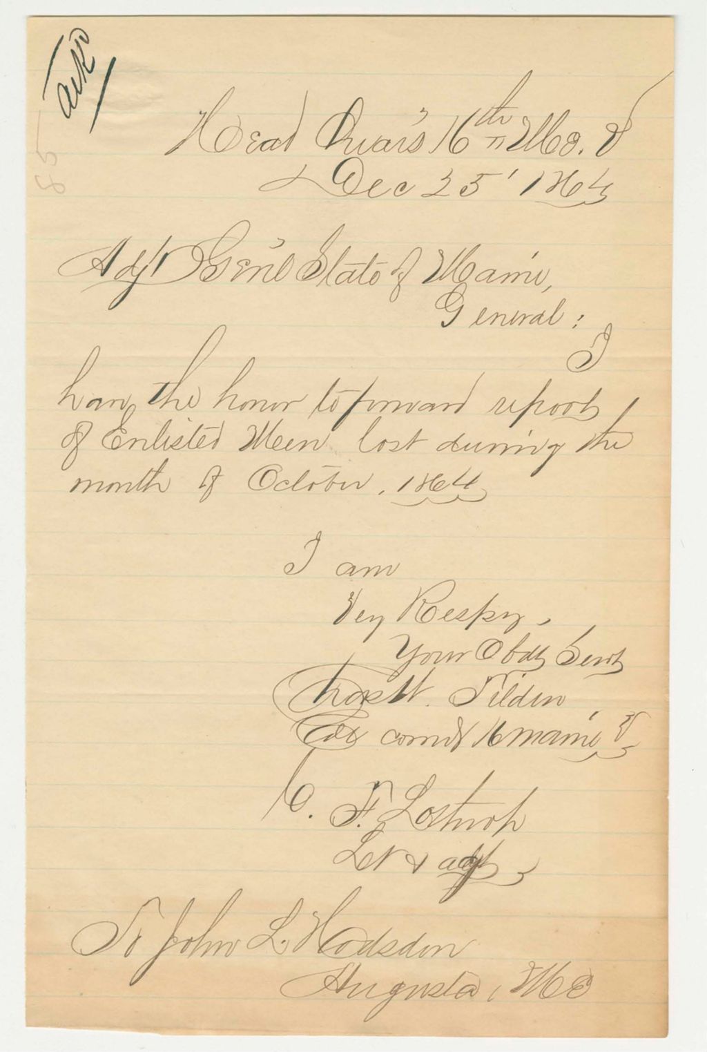 Miniature of Colonel Tilden forwards report of enlisted men lost during October 1864
