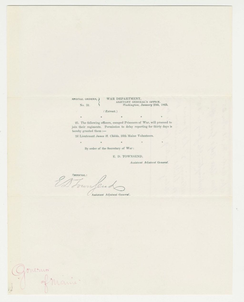 Miniature of Special Order 31 regarding Lieutenant James H. Childs' return to regiment