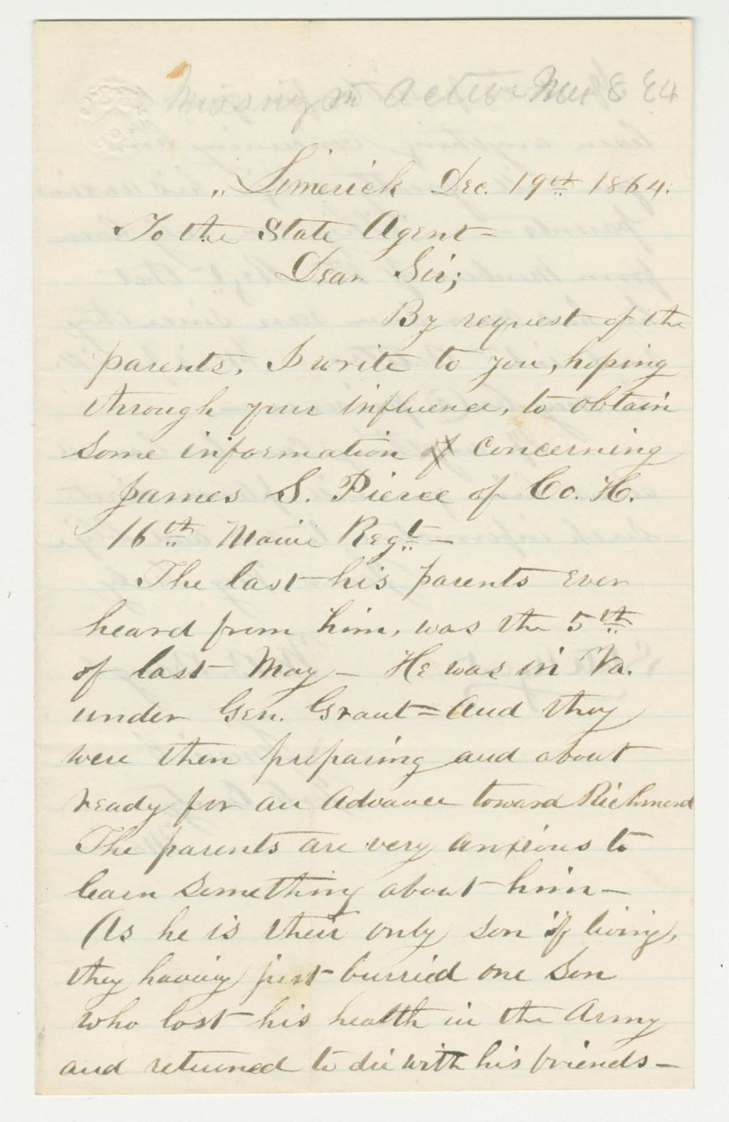 Miniature of W.B. Bangs writes for information on the welfare of James S. Pierce of Company H