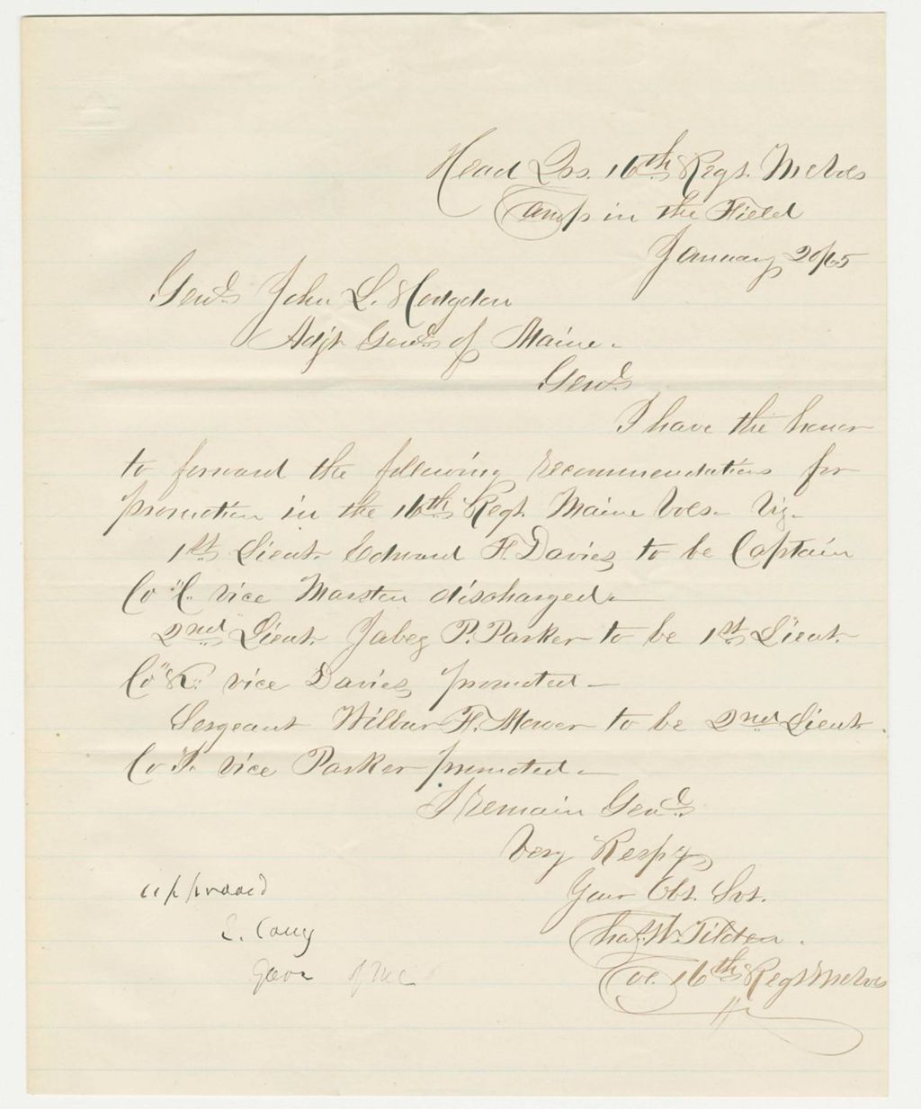 Miniature of Colonel Tilden recommends Davies, Parker, and Mower for promotion