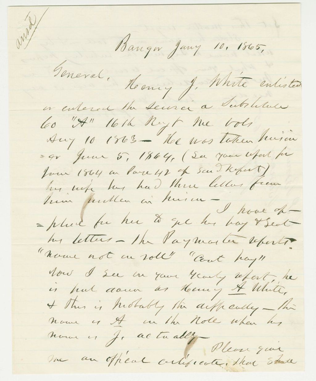 Miniature of C.P. Brown inquires about pay for Henry J. White, taken prisoner in June 1864