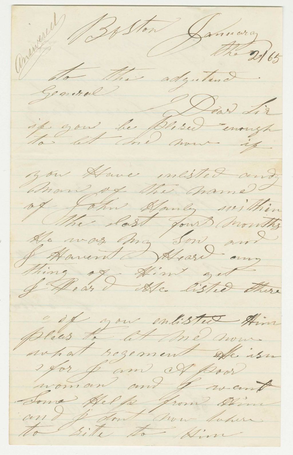 Miniature of Sarah Hanley inquires if her son John was enlisted