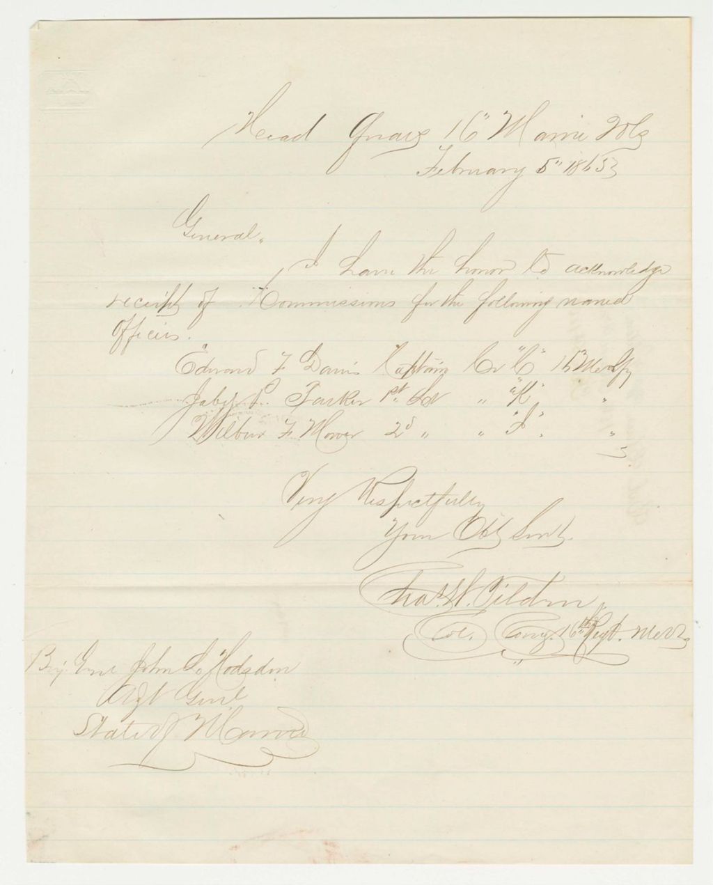 Miniature of Colonel Tilden acknowledges receipt of commissions for Edward Davis, Jabez Parker, and Wilbur Mower