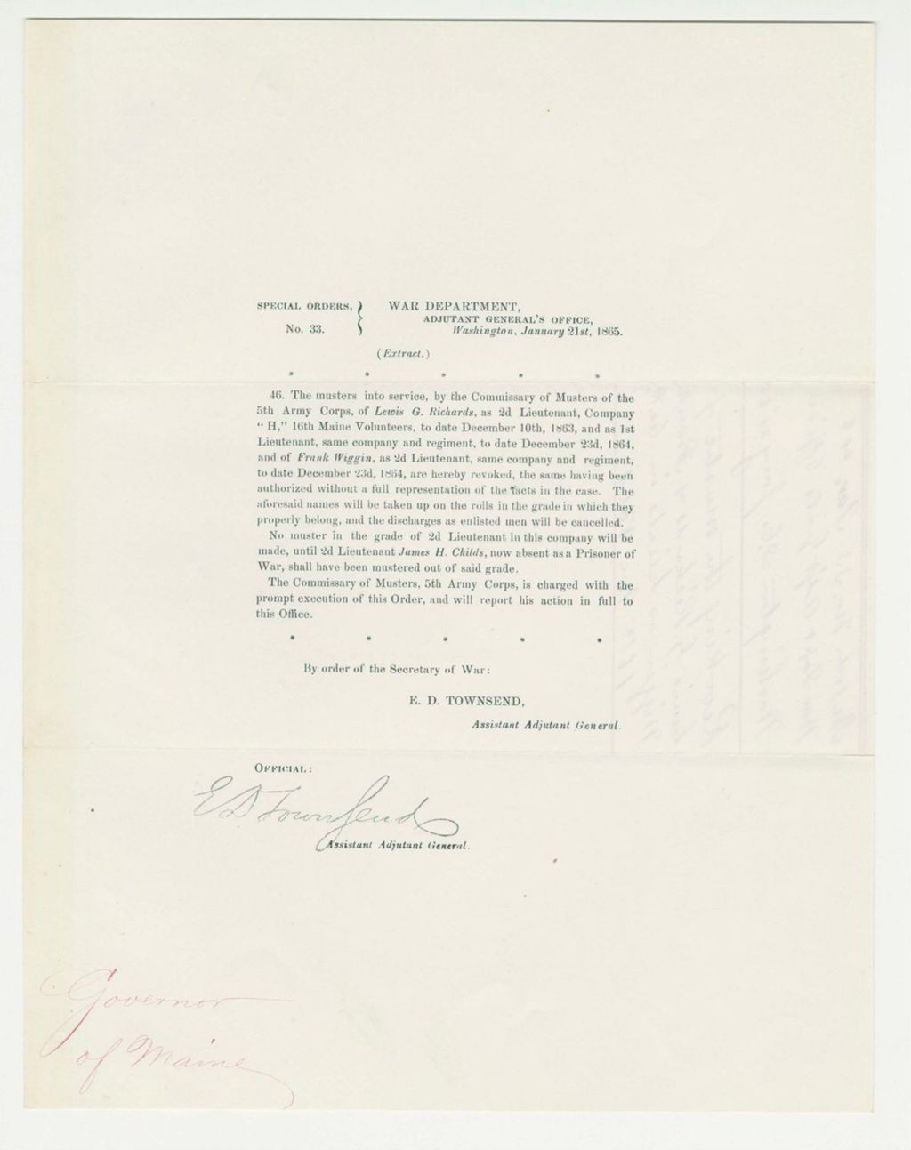 Miniature of Special Order 33 regarding musters of Lewis G. Richards, Frank Wiggin, and James H. Childs
