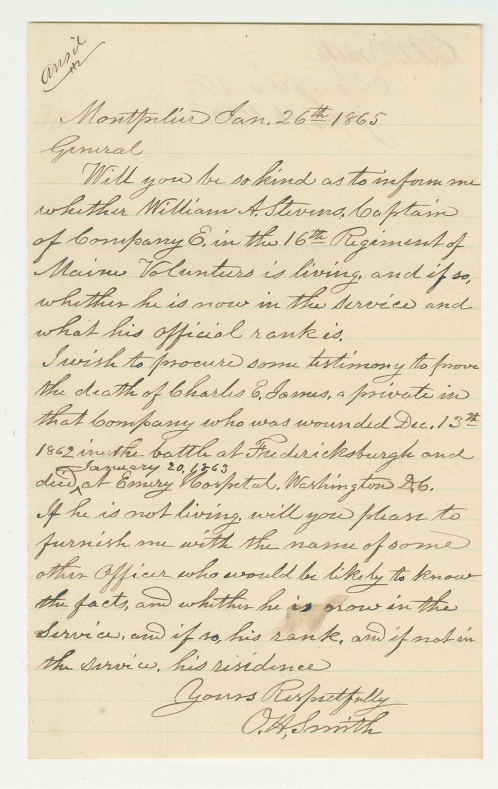 Miniature of O.H. Smith inquires about welfare of William A. Stevens of Company E, and about the death of Charles E. James in 1863