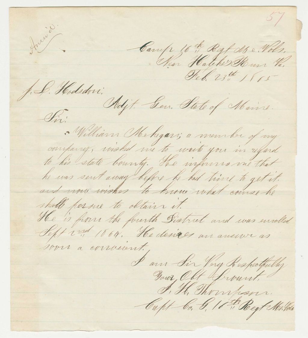 Miniature of Captain Isaac Thompson inquires about bounty payment for William Mehegan