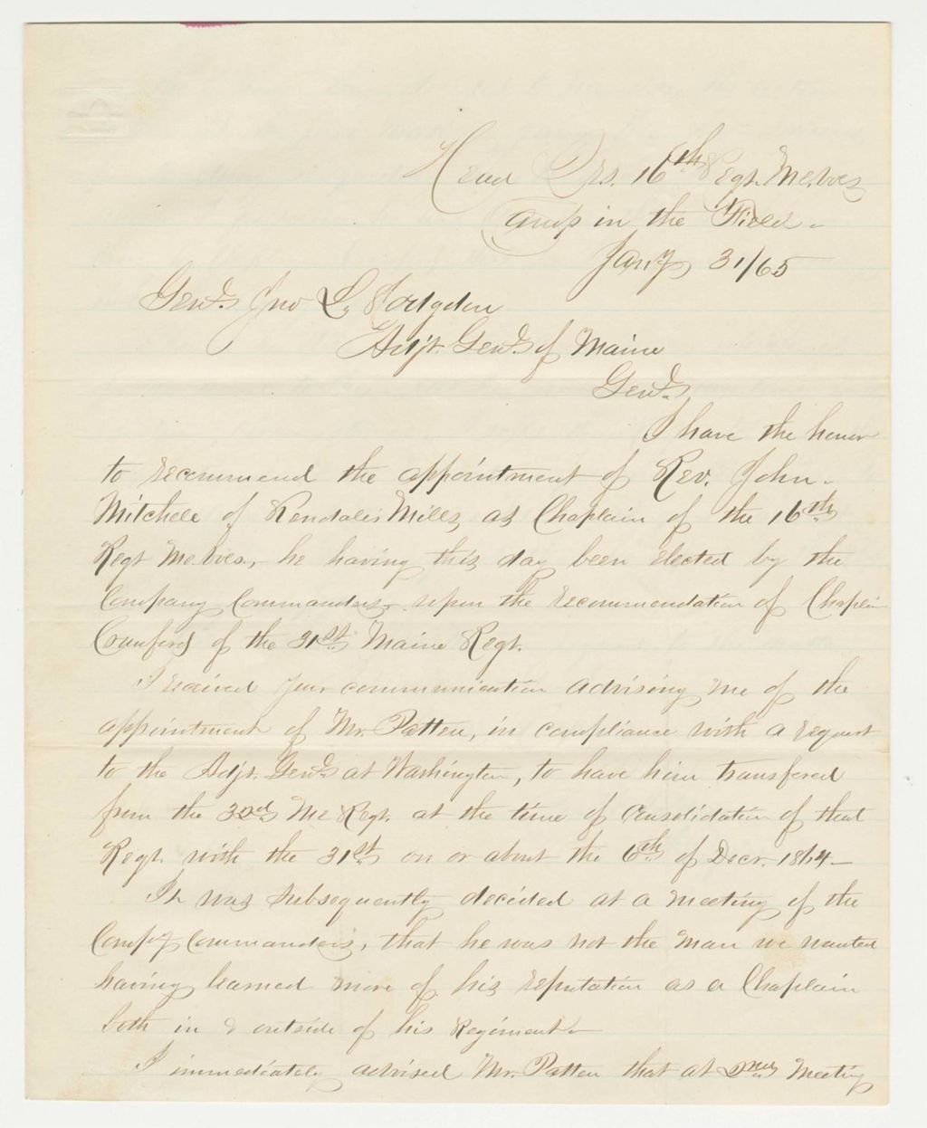 Miniature of Colonel Tilden recommends appointment of Reverend John Mitchell as chaplain