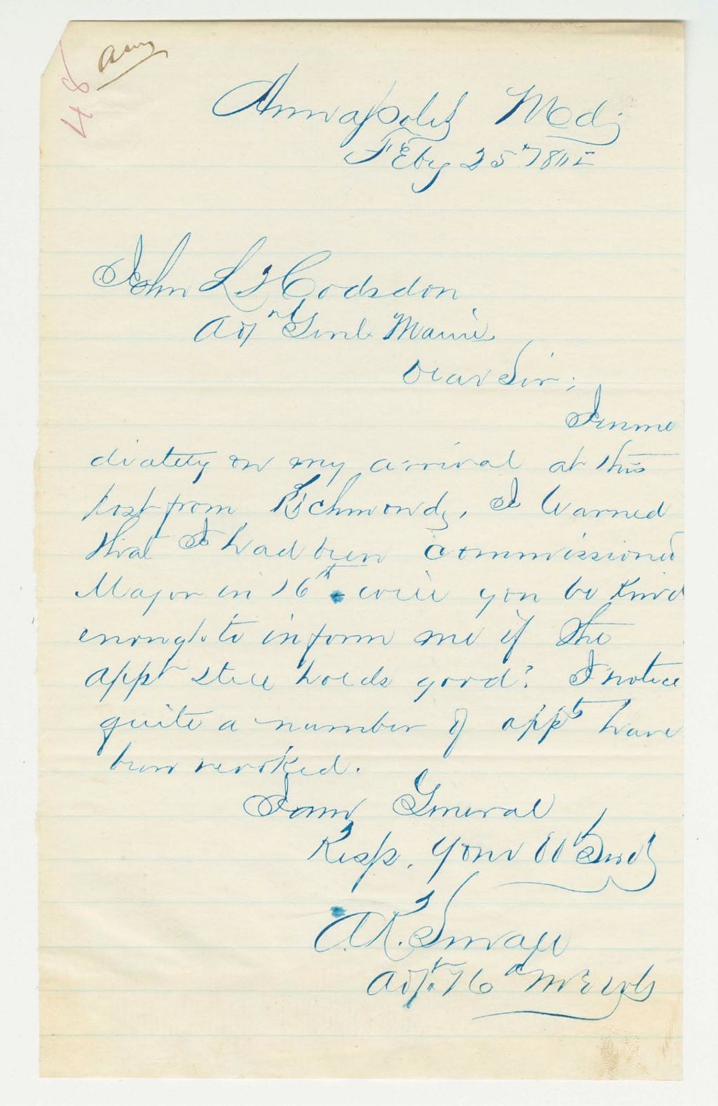 Miniature of Abner R. Small inquires if his commission as Major is still valid