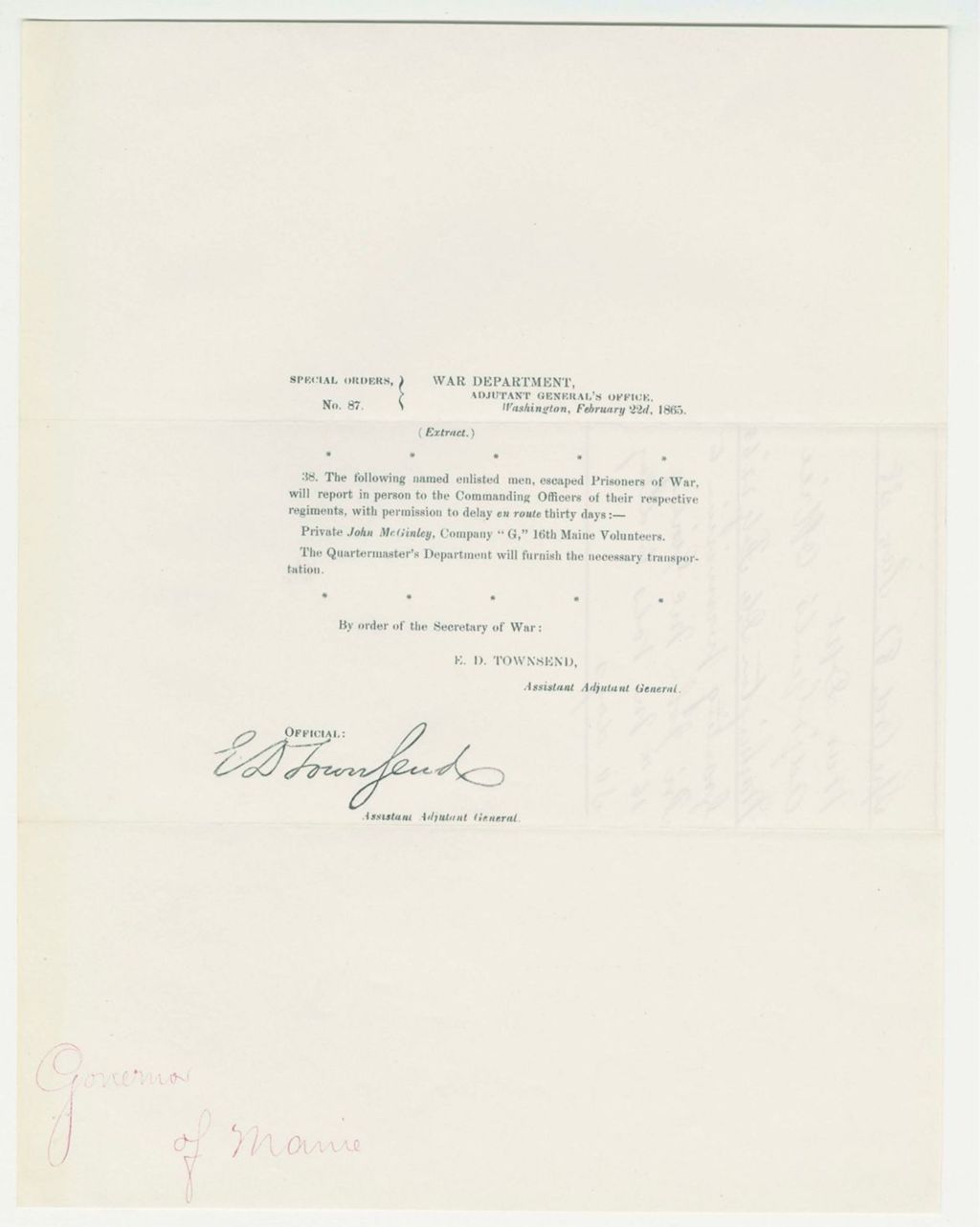 Miniature of Special Order 87 regarding John McGinley's return to service