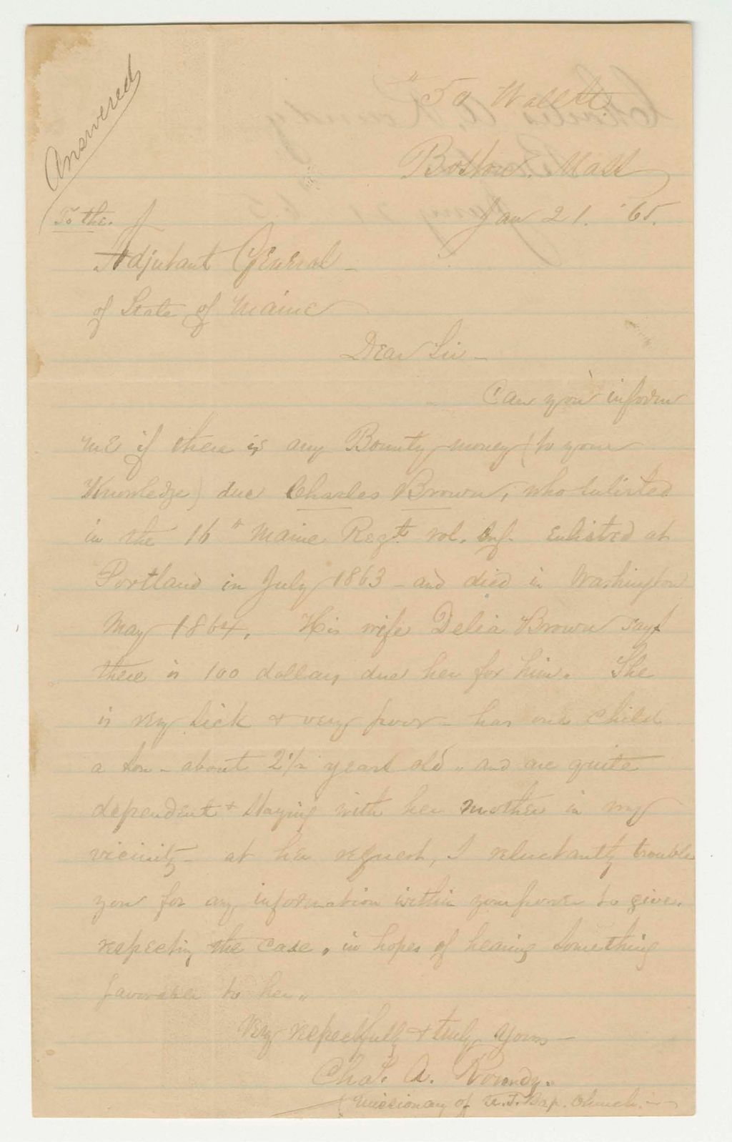 Miniature of Charles A. Roundy inquires if any bounty money is available for the late Charles Brown's widow Delia