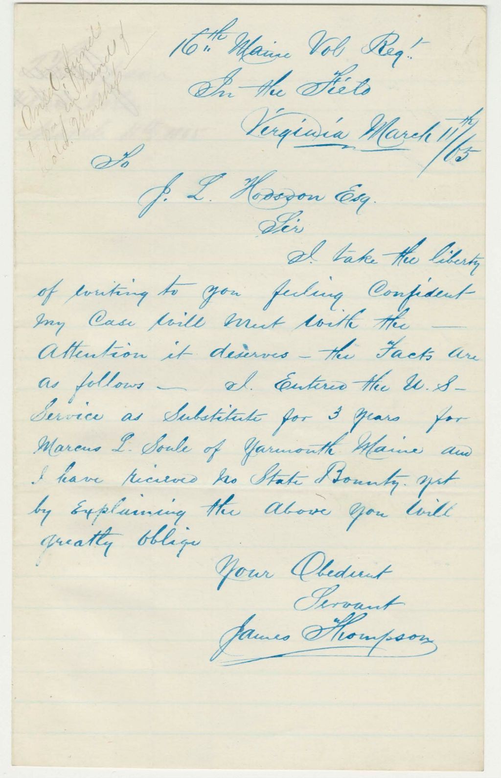Miniature of James Thompson requests his bounty payment as a substitute for Marcus L. Soule