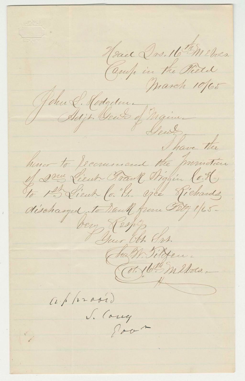 Miniature of Colonel Tilden recommends Lieutenant Frank Wiggin for promotion