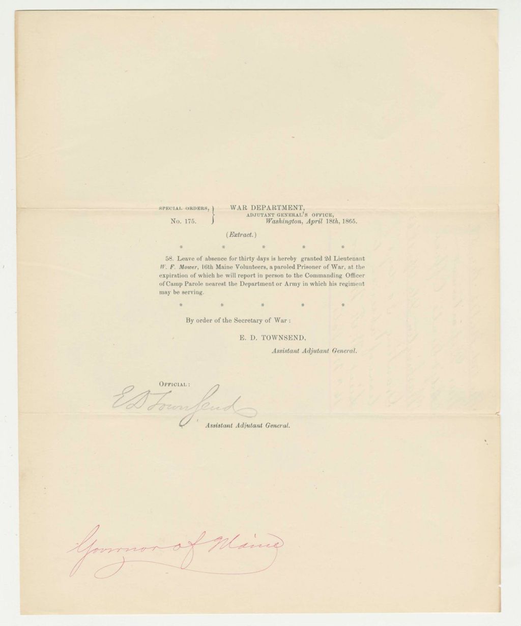 Miniature of Special Order 175 granting leave of absence to Lieutenant William F. Mower