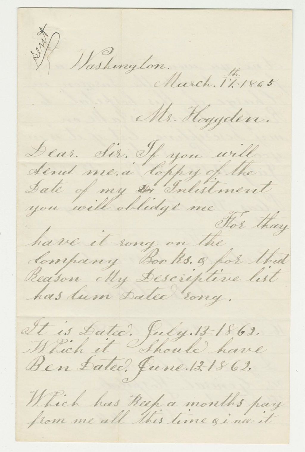 Miniature of Seth Oliver requests the date of his enlistment
