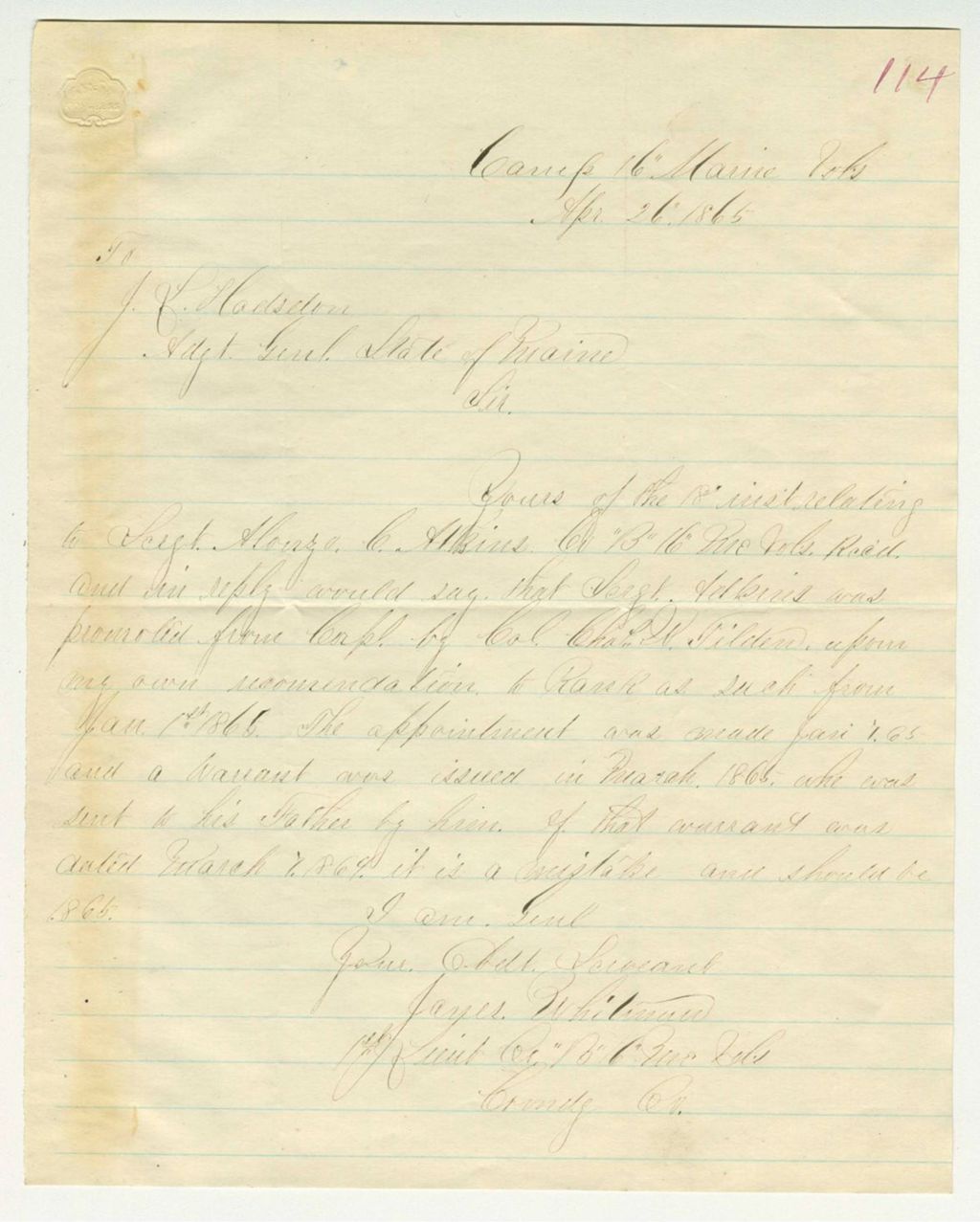 Miniature of Lieutenant James Whitmore writes regarding Sergeant Alonzo C. Atkins of Company B