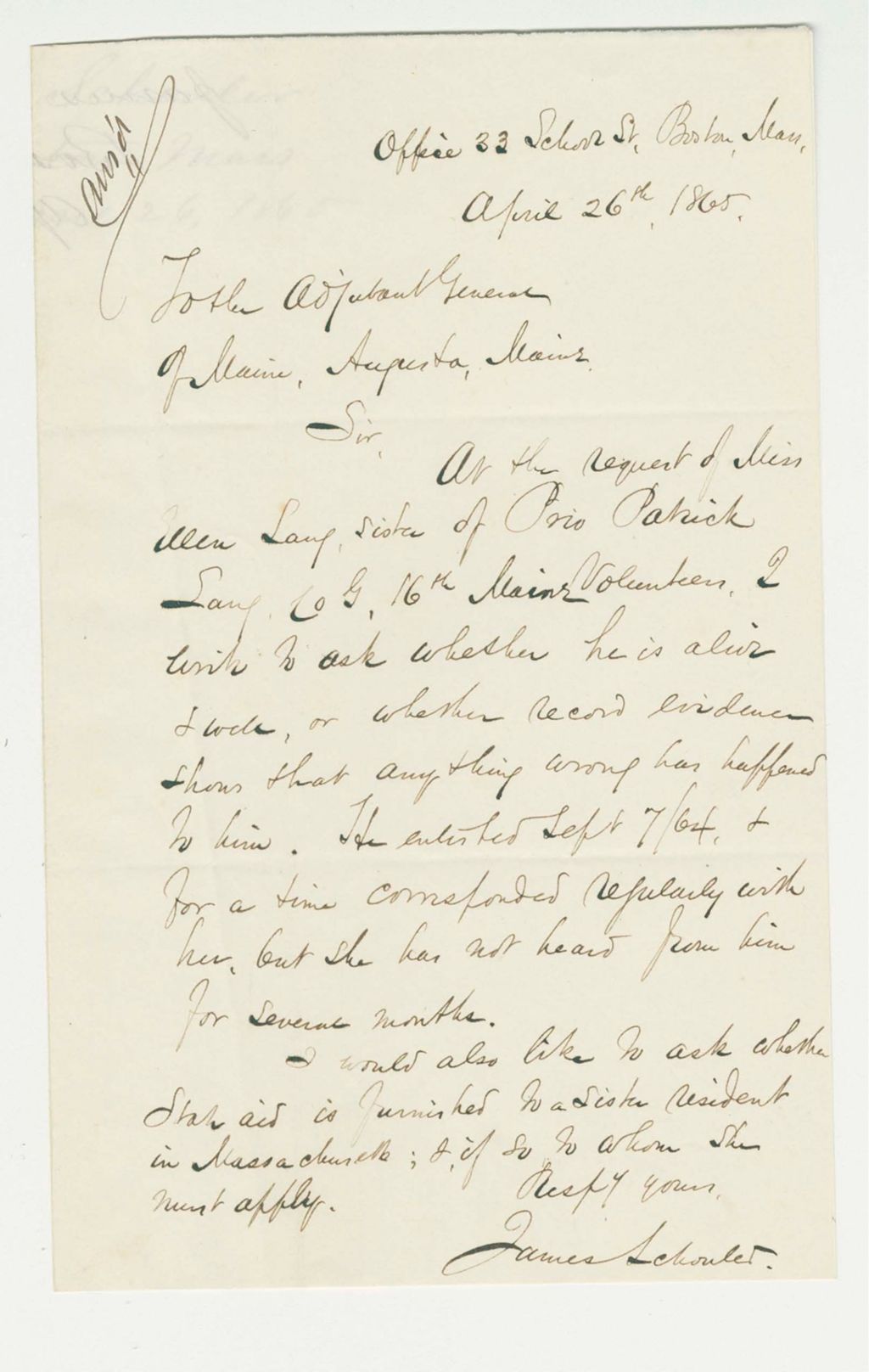 Miniature of James Schouler inquires about the welfare of Patrick Lang