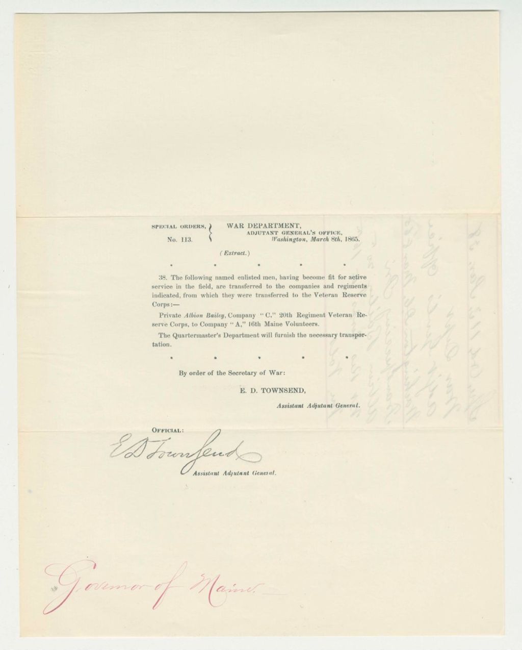 Miniature of Special Order 113 transferring Albion Bailey from Veteran Reserve Corps to Company A