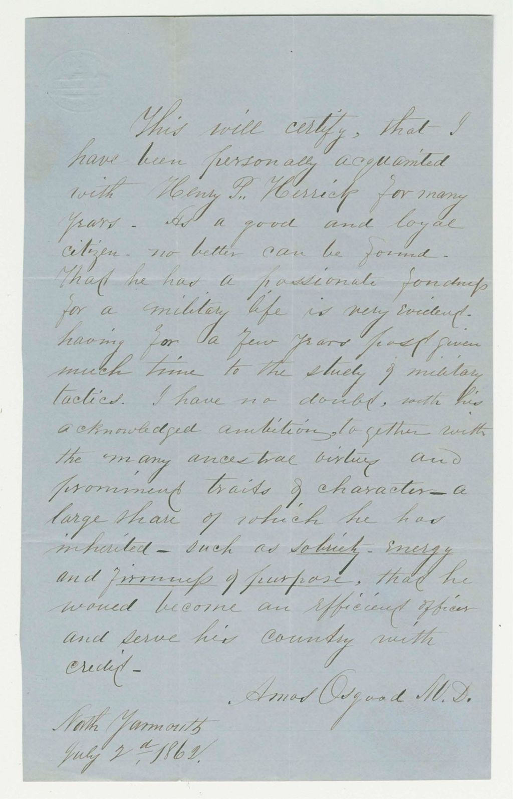 Miniature of Dr. Amos Osgood recommends Henry P. Herrick for position in the regiment