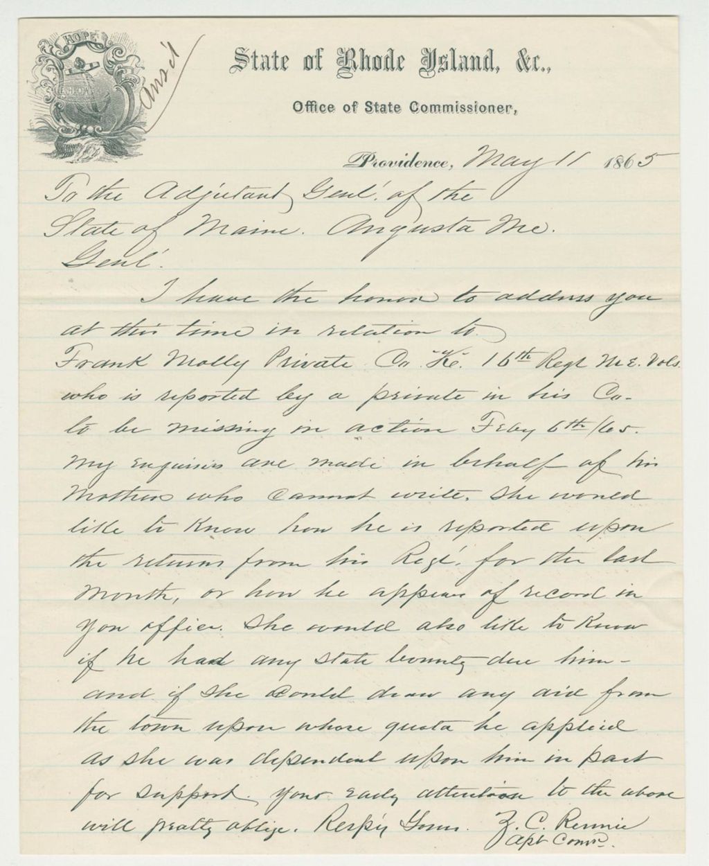 Miniature of Z.C. Rennie inquires about Frank Molly of Company K