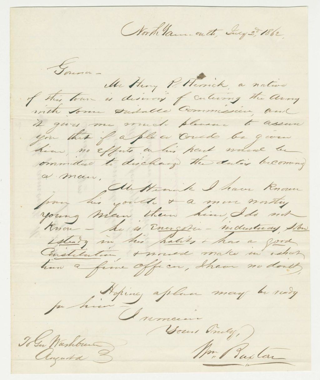 Miniature of William Buxton recommends Henry P. Herrick for a commission