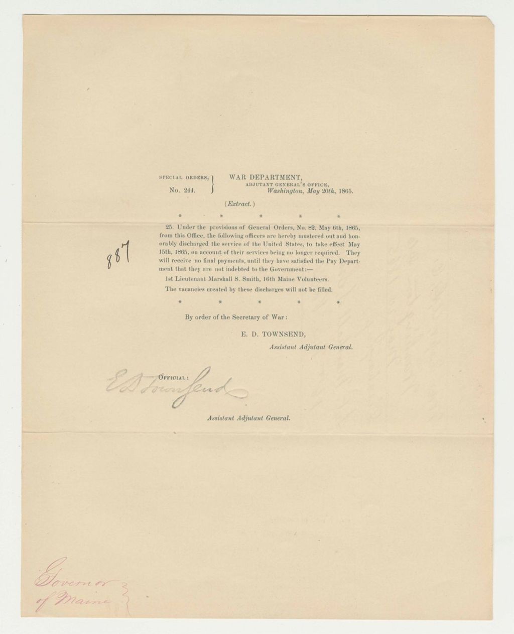 Miniature of Special Order 244 honorably discharging Lieutenant Marshall S. Smith