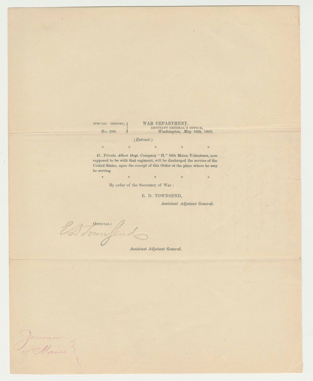 Miniature of Special Order 238 discharging Albert Hoyt of Company H