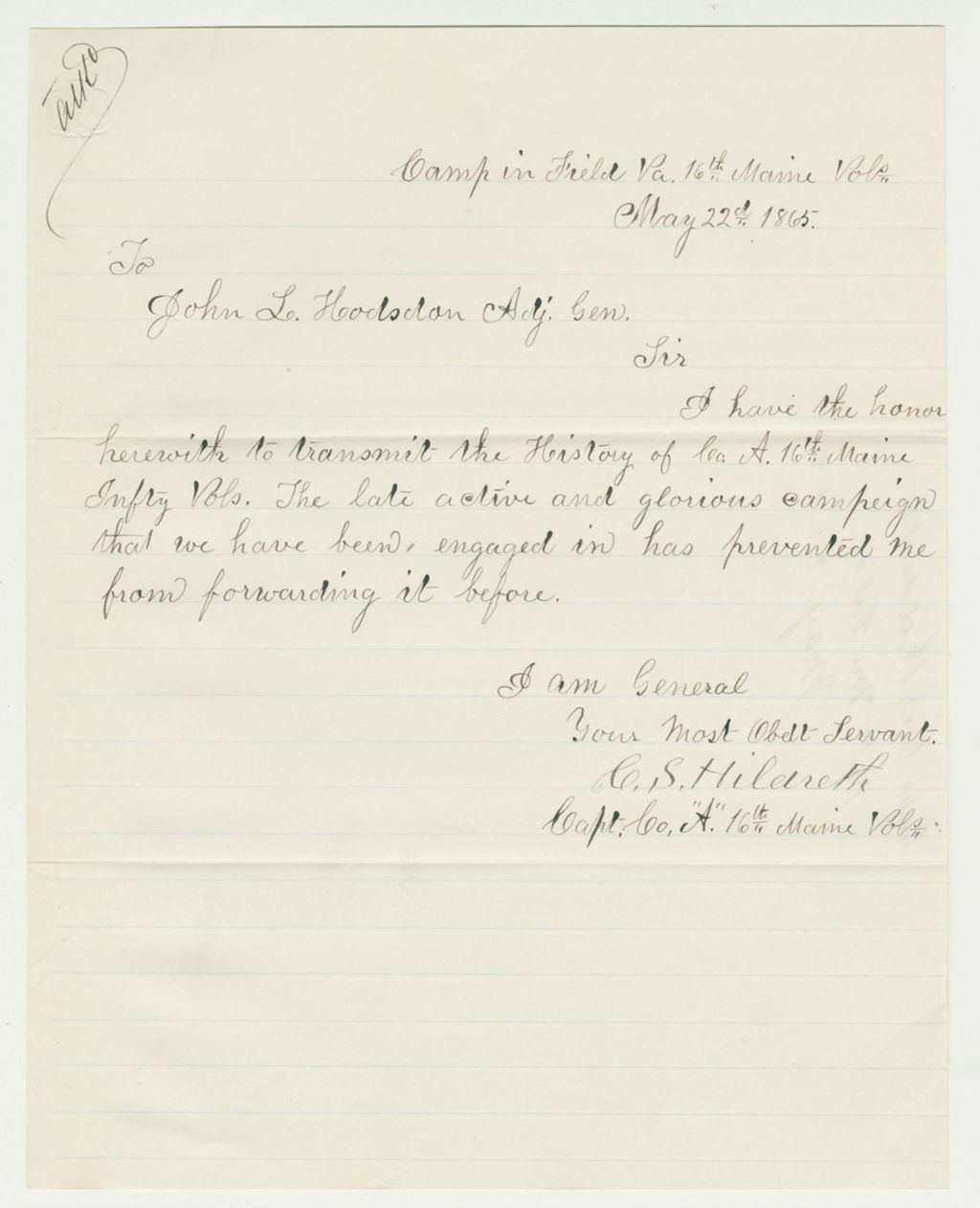 Miniature of Captain Charles S. Hildreth forwards the History of Company A, 16th Maine Infantry Volunteers
