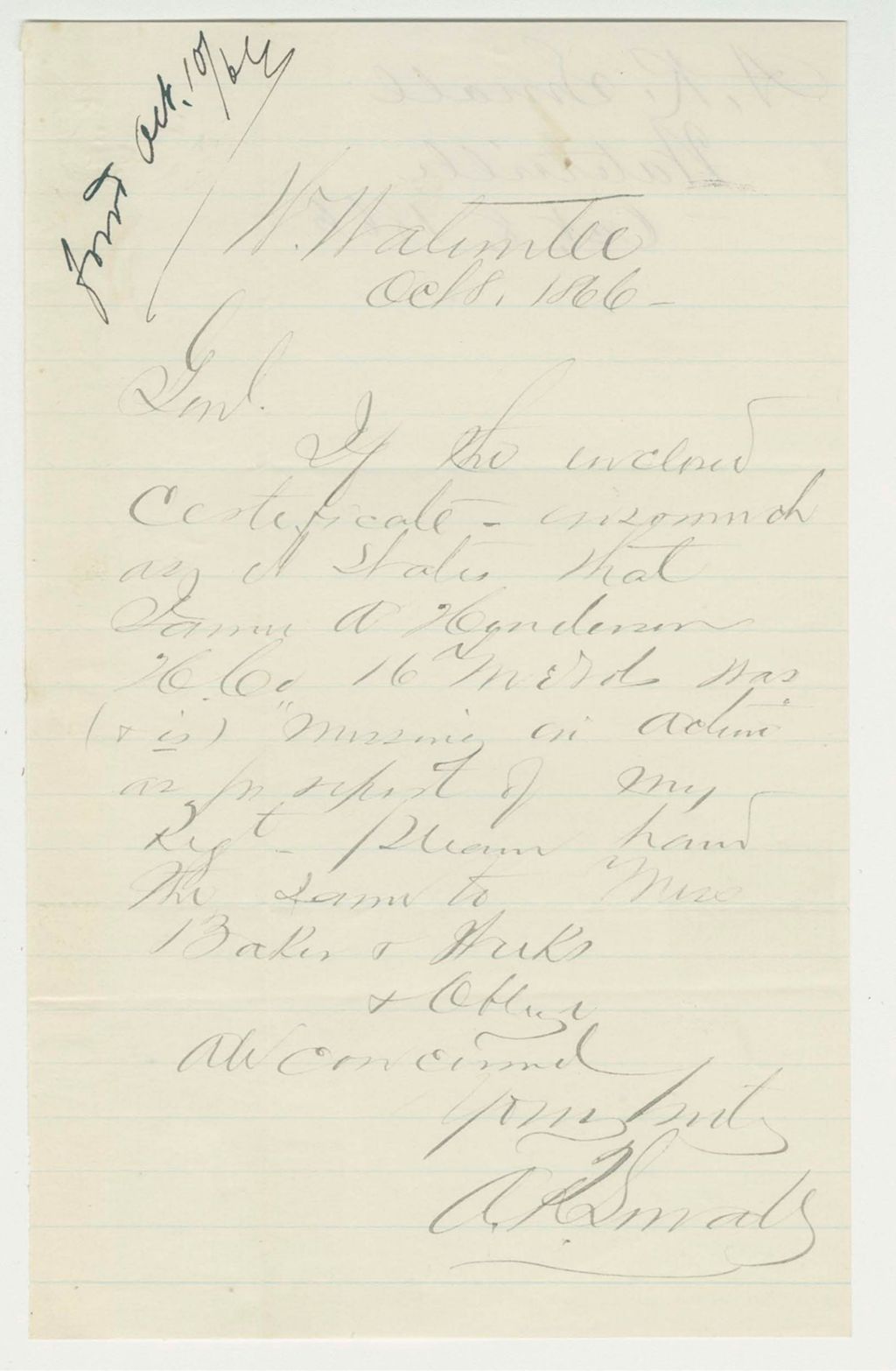 Miniature of A.R. Small writes regarding James A. Henderson, missing in action