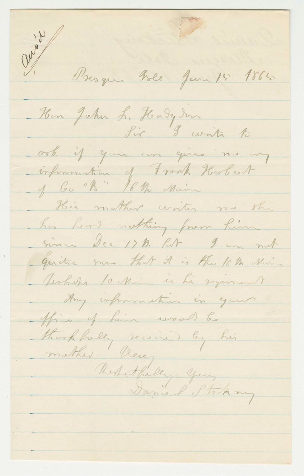 Miniature of Daniel Stickney requests information on welfare of Frank Herbert