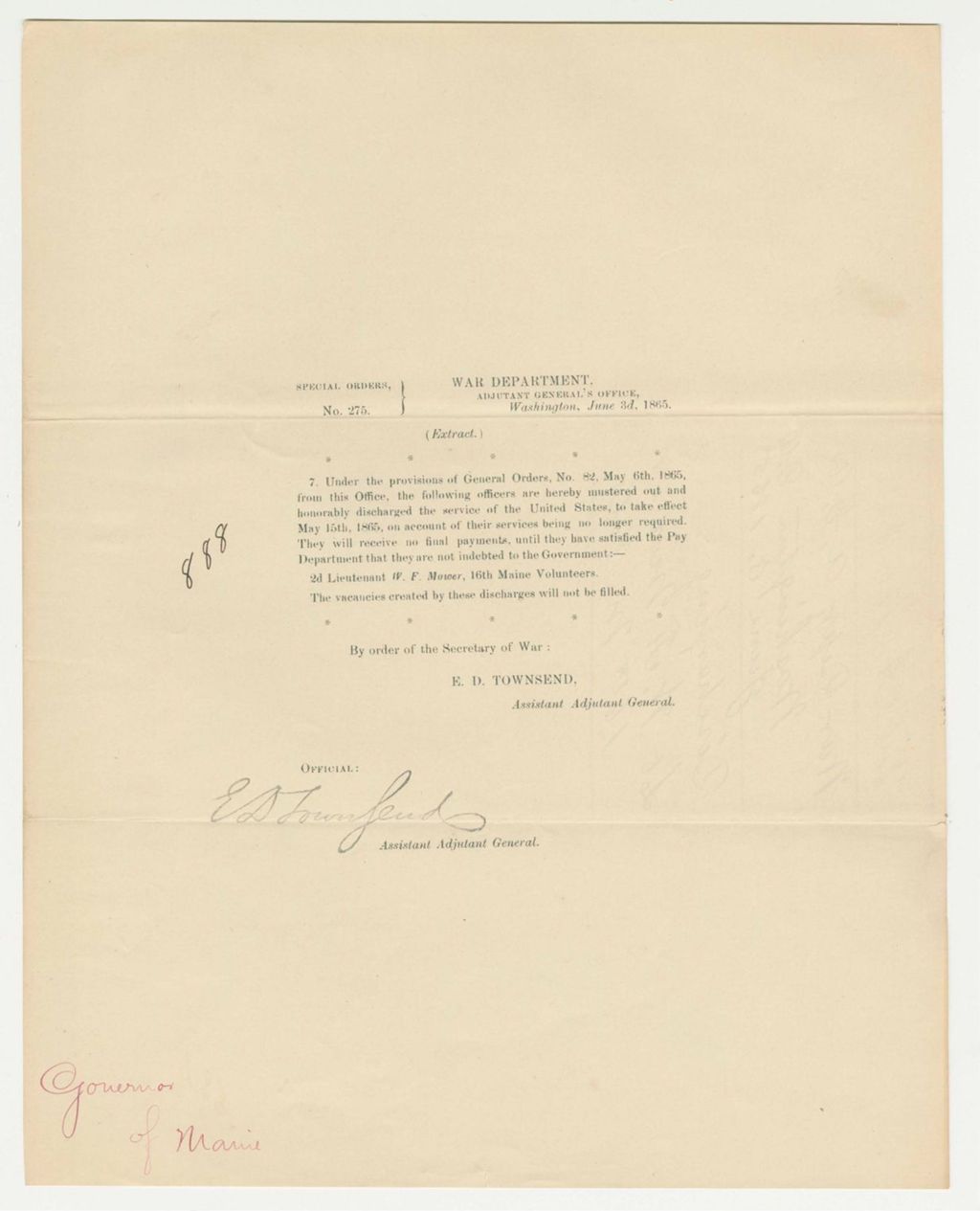 Miniature of Special Order 275 honorably discharging Lieutenant William H. Mower from service
