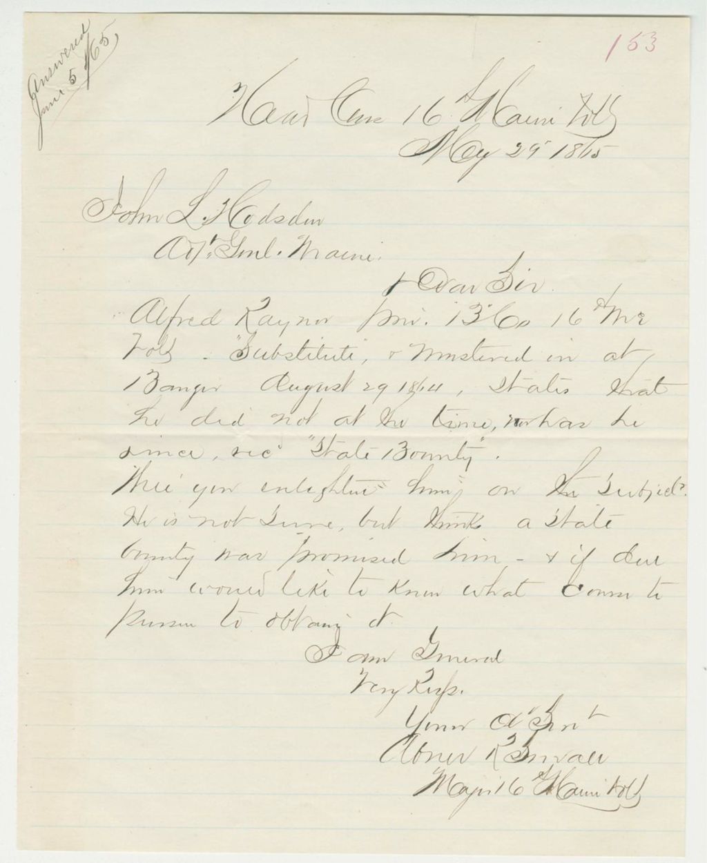 Miniature of Major Abner Small writes regarding bounty payment for Alfred Rainer