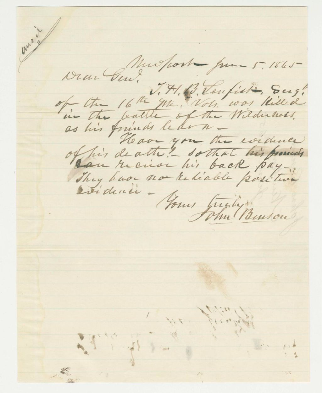 Miniature of John Benson inquires about T.H. Lenfest, killed at the Battle of the Wilderness