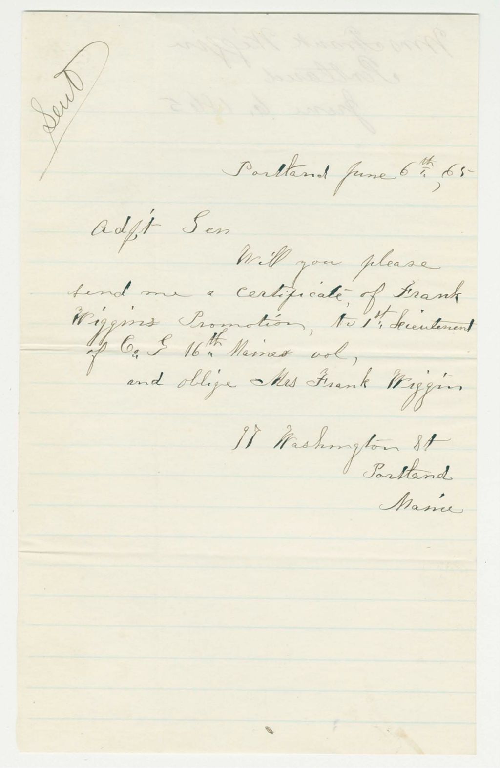 Miniature of Mrs. Frank Wiggin requests a copy of her husband's promotion