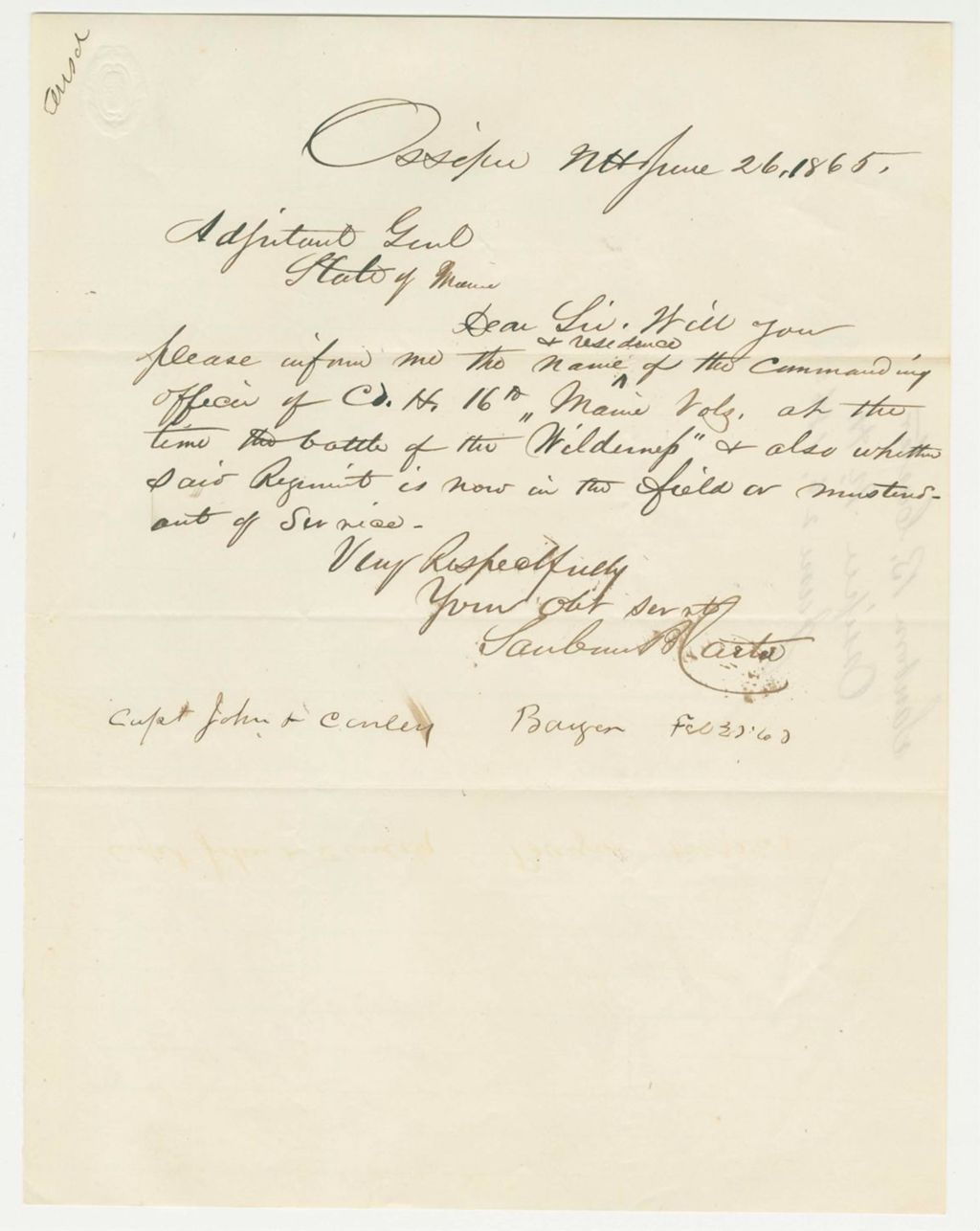 Miniature of Sanborn B. Carter inquires about commanding officer of Company H during the Battle of the Wilderness